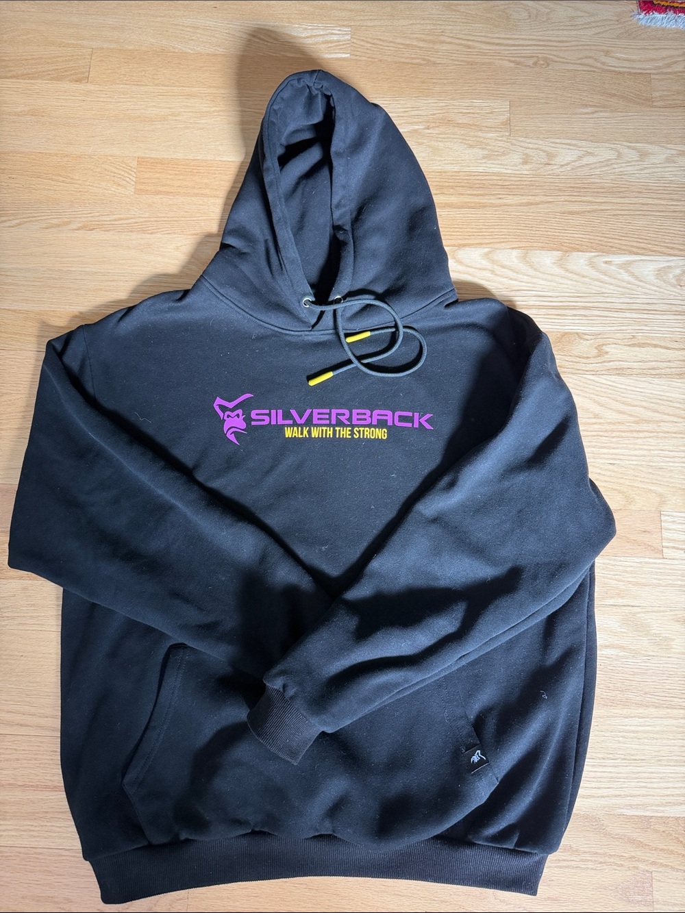 Silver Jeans Black Hoodie with Purple and Yellow Logo
